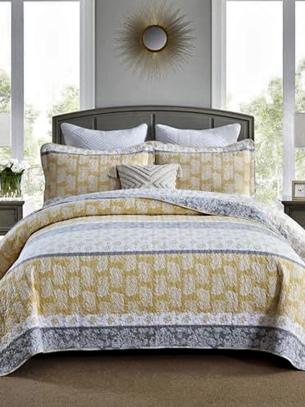 California King 100% Cotton Quilt,Yellow Striped Paisley Pattern
118*106 in Beds